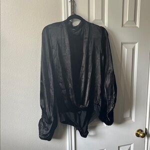 Olivaceous Black Satin Long Sleeve Bodysuit